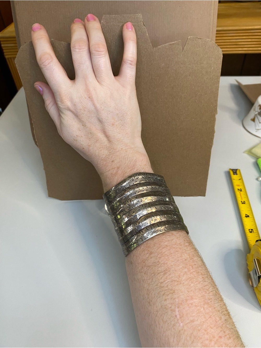 Wide Textured Metal Cuff Bracelet - Silver Tone